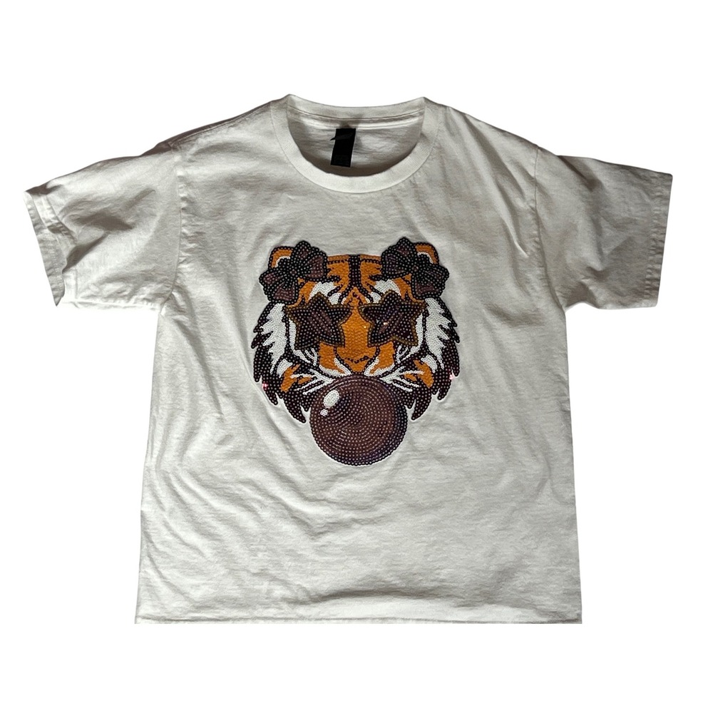 Gildan Kids White Sequin Tiger Graphic‎ T-Shirt Short Sleeve Youth Small Size 14